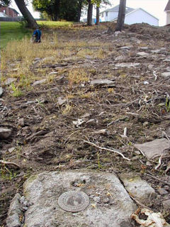 Looking northwest toward the station mark (under my blue bag) and RM 2 (just before the tree on the left).