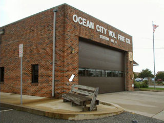 Viewing the firehouse from the southeast, with the mark indicated.