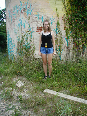 Windblown Zhanna at the tower.