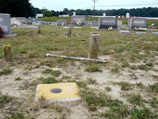 View to the west. A wooden stake wrapped in faded flagging tape lies near the mark.