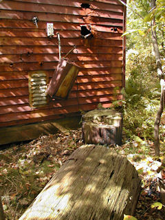 Orientation view, base of pole, rear of equipment shed.