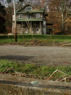 View, facing northwest, powerpole and Peirce house.