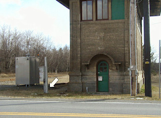 View of the control tower, looking east, with the general location of the mark indicated.