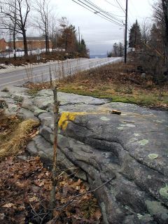 The mark on the outcrop, looking southwest across Route 307.