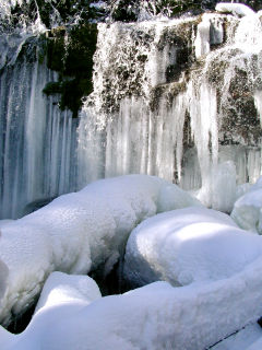 Typical of most of the falls we encountered, this one was a frozen shell with water running underneath. The ice-covered logs in front are the ones we climb on to cross the stream on our Spring Death Hikes.