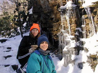 Zhanna and Gina pose on a slippery “stairway” near some sparkly icicles.