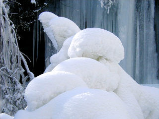 The boulders and fallen trees in front of the falls were covered with layer upon layer of frozen droplets of mist.