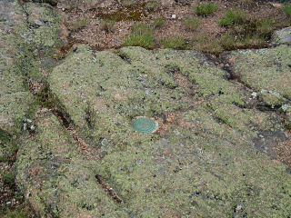 Eyelevel view of station disk in bedrock.