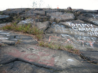 Looking W toward the station coordinates (indicated by bottle) and SE footing from RM 2.