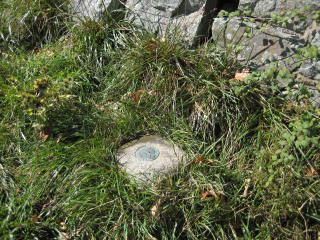 Eyelevel view of reference mark disk in concrete monument.