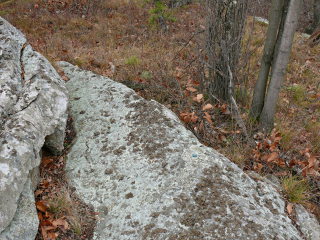 Eyelevel view of the remains of the RM disk on rock ledge.