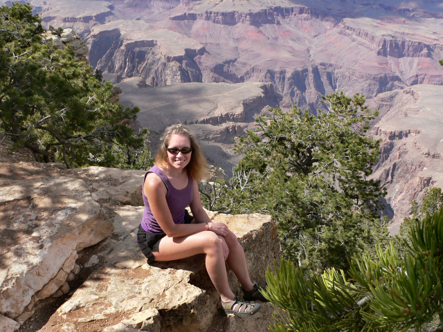 Sitting and waiting for sunset.  Notice the Plateau Point Trail (which we did not get to hike this time) in the background.