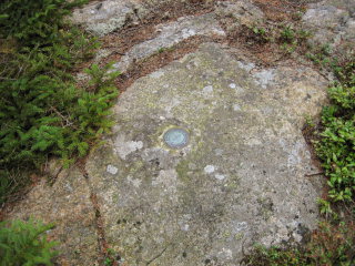 Eyelevel view of the reference mark disk set into bedrock.