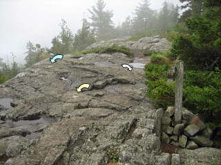 View of the station bolt and both reference marks. The white arrow indicates the station, the blue arrow indicates RM2, and the yellow arrow indicates RM1.