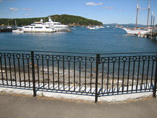 The mark can be seen through the fence. It was a beautiful sunny day, and the water was calm.