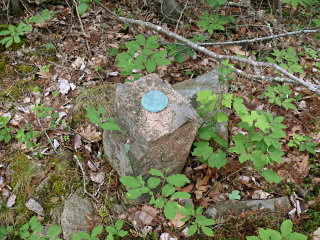 Eyelevel view of the bright blue disk set into a granite monument.