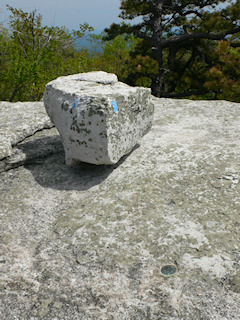 Eyelevel view of the disk set into bedrock. Blazes on the boulder mark the Blueberry Run Path.