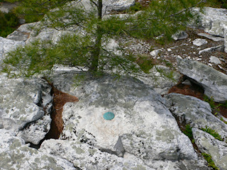 Eyelevel view of the reference mark disk set into bedrock.