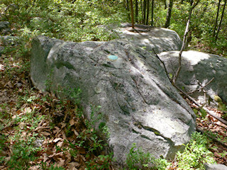 Eyelevel view of the reference mark disk set into the boulder.