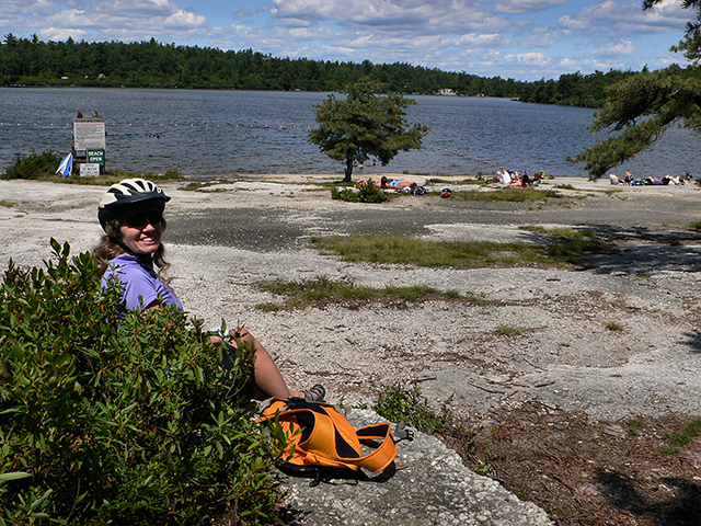 Taking a break at the swimming area on Lake Awosting.