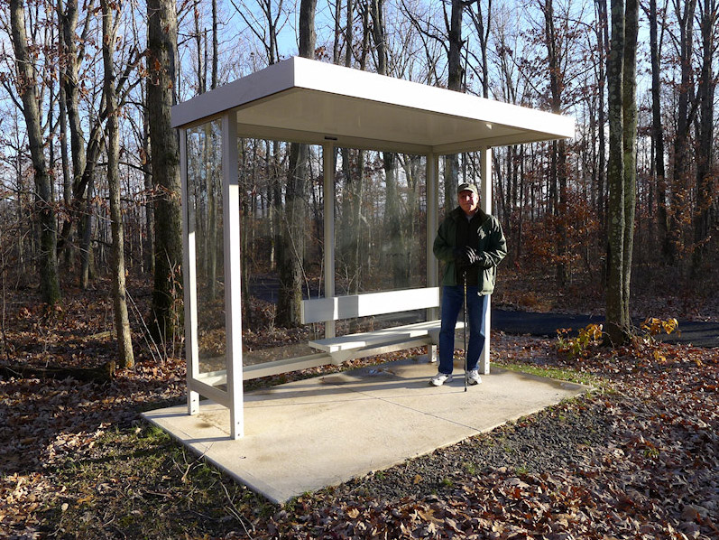 There are at least four of these bus-stop like shelters along the various trails.  It was unexpected and quite funny to see them in the woods.