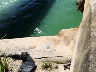 Eyelevel view of the disk on the bridge wingwall.