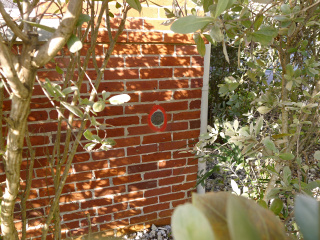 Eyelevel view of the disk in the northeast face at the north corner of the old courthouse.