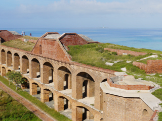 The lighthouse is barely visible from the NW wall of the fort.