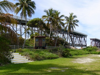 Another view (to the SW) of the rail bridge, and a replica of Flagler’s private railcar “Rambler.”