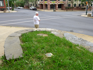 Looking S from the terrace toward the mark and the intersection of 11th, Penn, and Perkiomen.