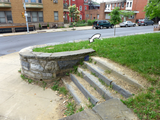 Looking W toward the mark from the entrance to the park.