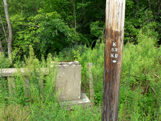 This corner of the abutment was nearly buried in weeds. Nearby pole number K-53-KD.