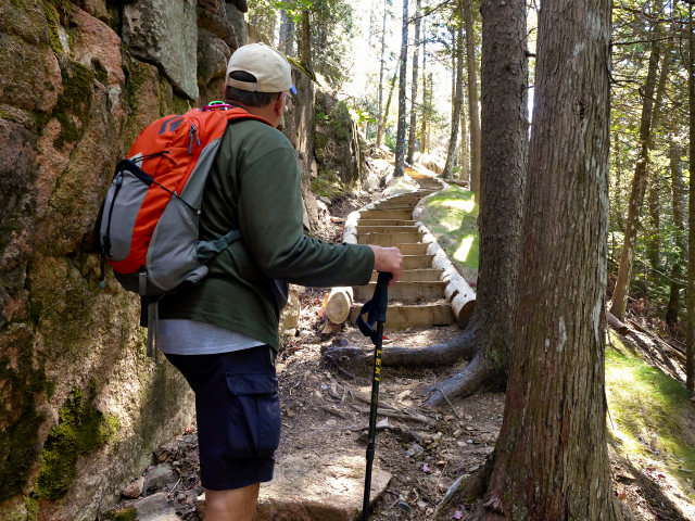 Rich begins to ascend new steps along the Bubble & Jordan Ponds Path