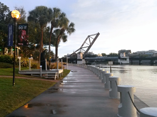 View of the Cass St. drawbridge from the River Walk