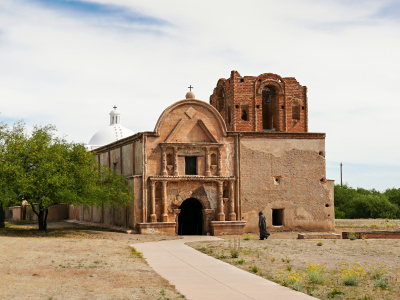 Mission church and a friar (gray robe)!