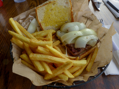 Burger with onions and fries, Barrio Brewing Company