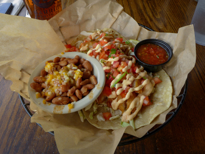 Amazing fish tacos with beans, Barrio Brewing Company