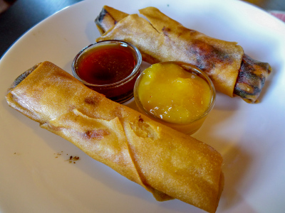 Spring rolls with mango dipping sauce, the best part of our meal!
