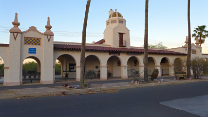 The former station (now visitors center) from the plaza entrance