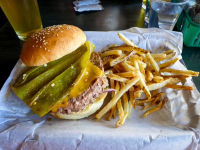 Cheeseburger with green chile at 100 Estrella!