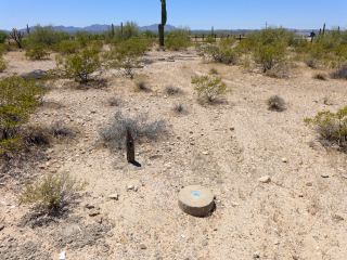 Eyelevel view of the disk on the round concrete monument, and witness post nearby