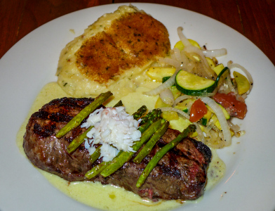 NY strip steak with crabmeat and asparagus