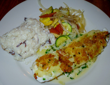 Potato-encrusted halibut and mushroom risotto