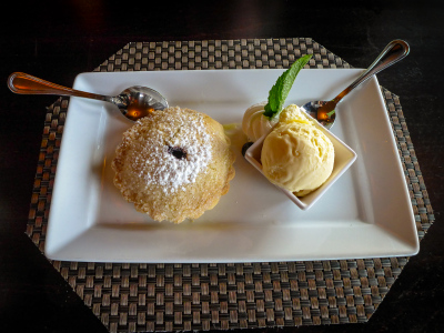 Blueberry pie with lemon curd and ice cream