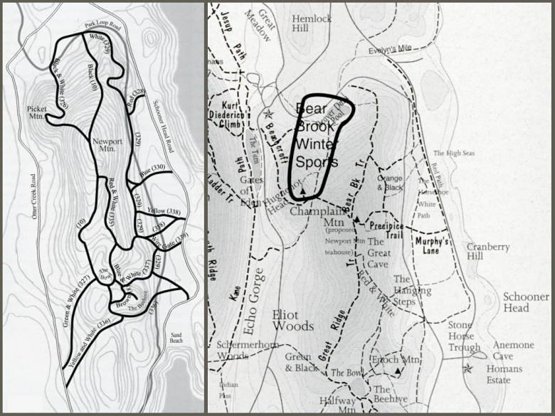 Maps from Pathmakers (left) and Trails of History (right). Note trail on Trails of History map that doesn't appear on Pathmakers map, and discrepancy in location of White Path.