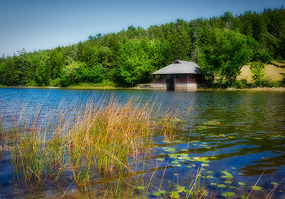 A boat house on the shore of dreamy Little Long Pond