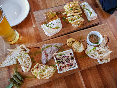 Cheese Board (Cambozola, Bucherondin, port gelée); Rillettes & pâté (country style pork pâté & pork rillettes, cornichons, mustard)