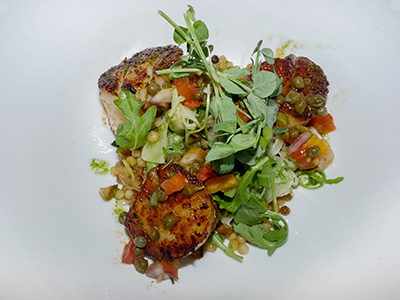 Herbes de Provence Scallops with fregola sarda & caper relish