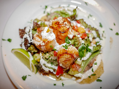 Scallop Tostada, dinner at Red Sky, Southwest Harbor