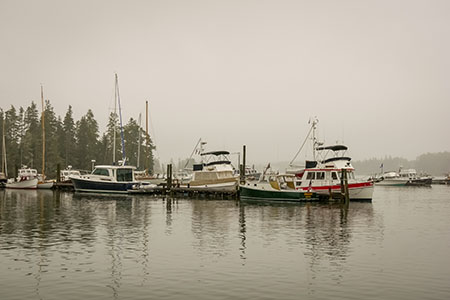 Boats in the mist, a scene in Bernard Harbor